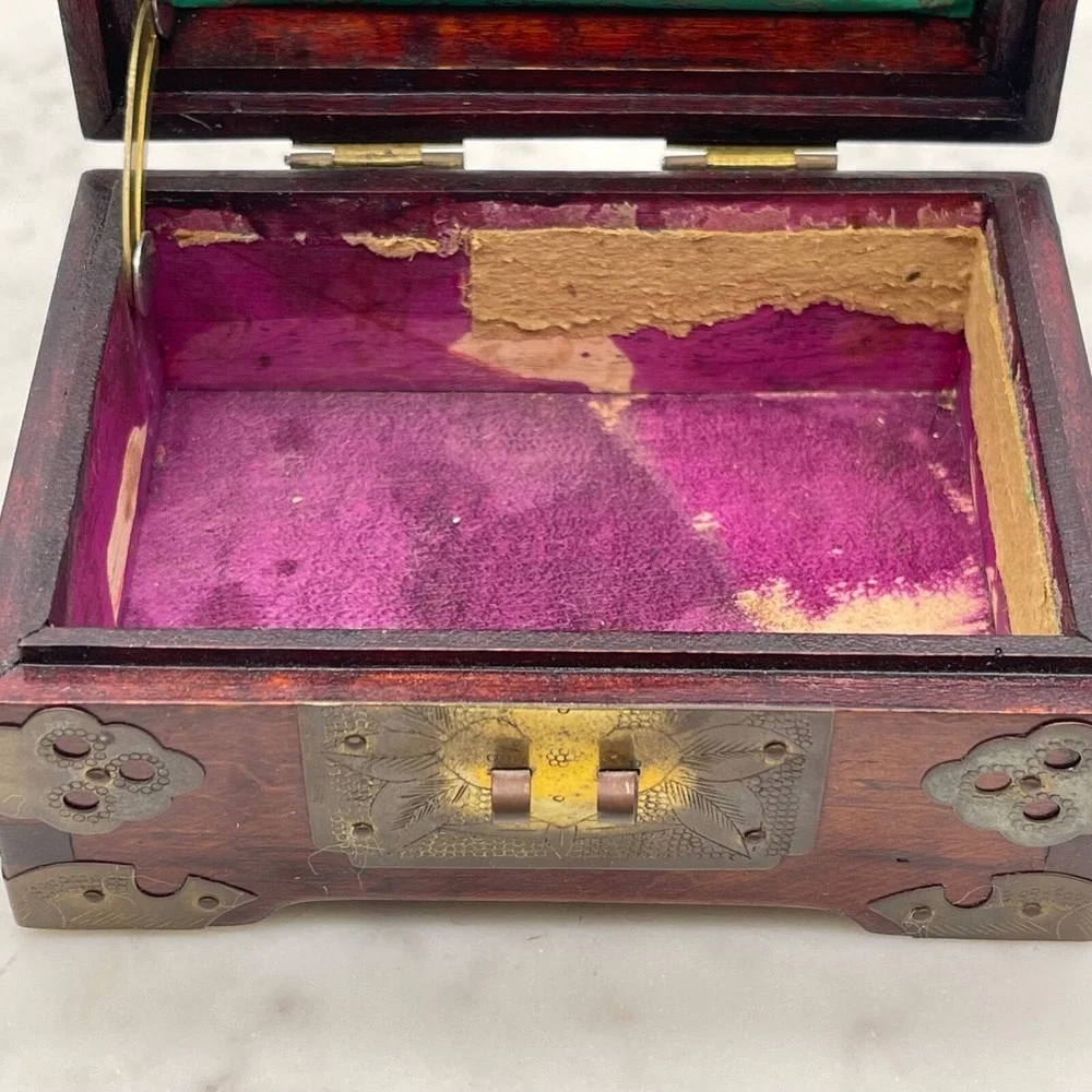 Vintage Chinese Carved Inlay Jewelry Box Shanghai Blue Silk Wooden‎
